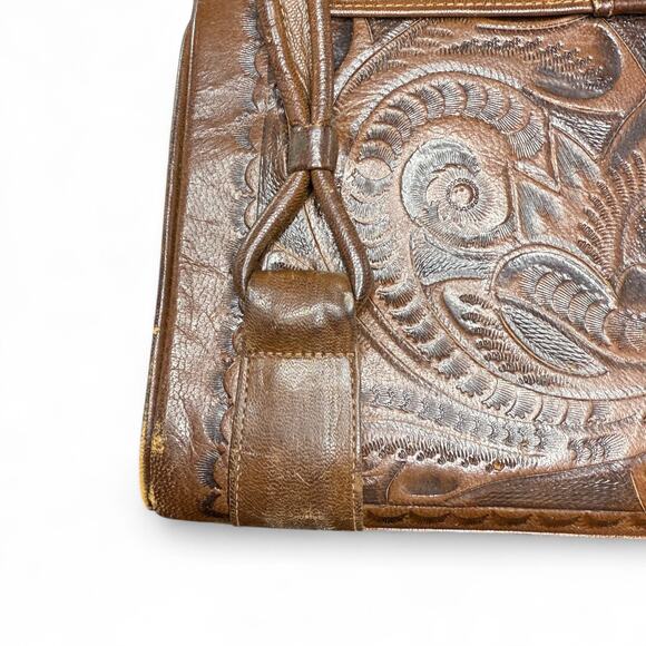 Vintage Tooled Leather Satchel Purse Flores‎ Bags Brown Boho Western Mexico - Picture 11 of 13